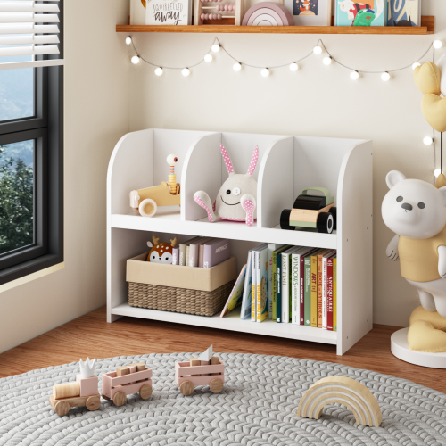 White 4-Compartment Kids Safety Bookcase, MDF Toy Storage Rack Max Load 25Lbs with Wall Buckle
