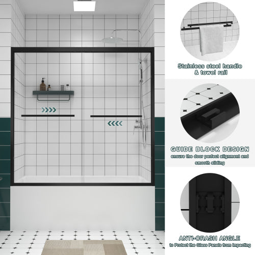 56-60"x58" Aluminum Frame Double Sliding Bathtub Screen,Bypass Bathroom Sliding Door with Premium 1/4" (6mm) Clear Tempered Glass, Black Hardware Sliding Glass Shower Enclosure,Matte Black Finished