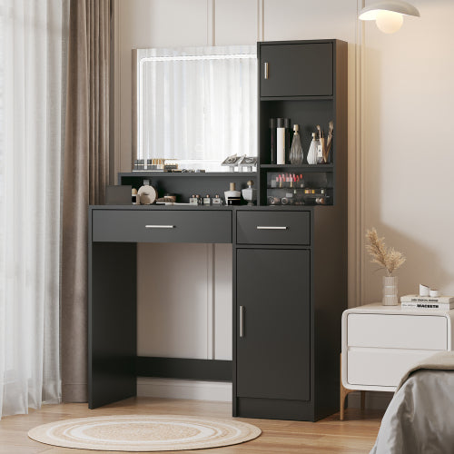 Black Vanity Desk with Mirror & LED Light Strip, Large Drawer, 3-Level Storage Dresser, 3 Lighting Modes, Adjustable Brightness