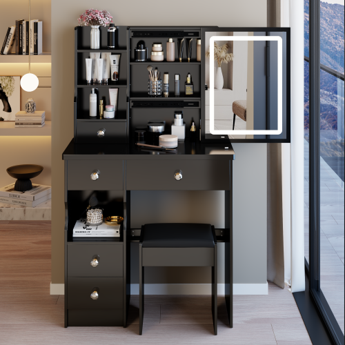 29.2inch  Small Size Desktop LED Light Vanity Table + Cushioned Stool, Large Sliding, Touch Control, Tri-color Switching, Brightness Adjust LED Mirror, High Capacity Storage, EPA, GCC, UL Certificate