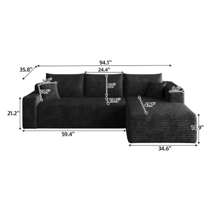 95 inch  Black Plush Corduroy U-Shaped Cloud Modular Corner Sofa, No Assembly
