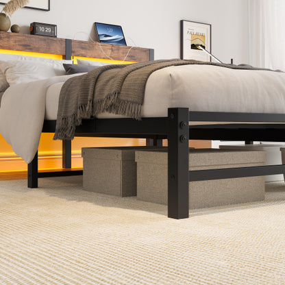 Queen Size  Metal Bed Frame with Wooden Headboard, RGB Lights,Charger, Storage Shelf, Noise-Free, No Box Spring Needed,Rustic Brown