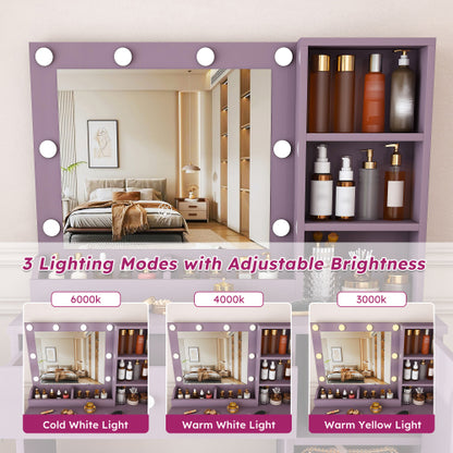 Purple Vanity Desk Set with Padded Stool & Adjustable Lighted Mirror, 8 Round Bulbs, 3 Color Modes, Modern Bedroom
