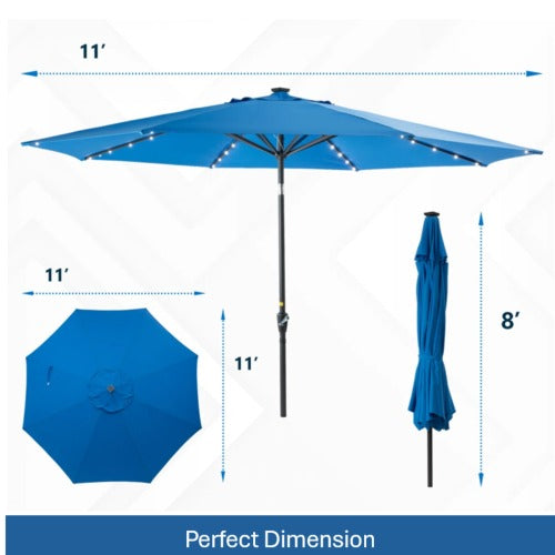 11 Feet Blue Solar LED Patio Umbrella with Crank Lift , Tilt * 8 Ribs, UV-Resistant Canopy for Pool, Backyard & Patio (Without base)
