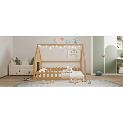 Full Size Wood House Bed with Window and Fence, Natural