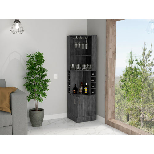 Corner Bar Cabinet, Eight Bottle Cubbies, Double Door, Two Open Shelves -Smokey Oak