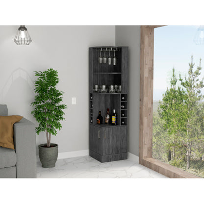 Corner Bar Cabinet, Eight Bottle Cubbies, Double Door, Two Open Shelves -Smokey Oak
