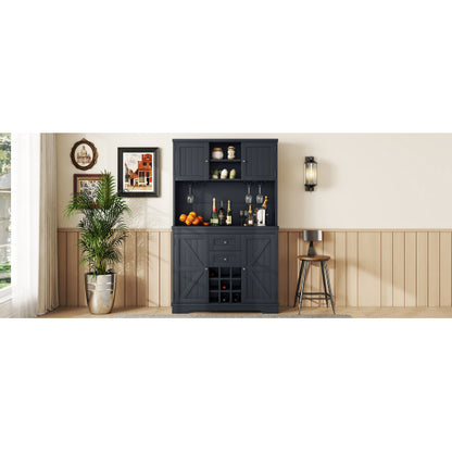Coffee Bar Cabinet Kitchen Cabinet with Storage, Farmhouse Wine Cabinet with Drawers shelves and cabinets, Buffet Cabinet Wine & Glass Racks for Dining Room, Kitchen, Dark Blue
