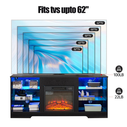 58 Inch Black Electric Fireplace TV Stand 3D LED Flame Media Console with Built-In Charging Station for 65 Inch TV
