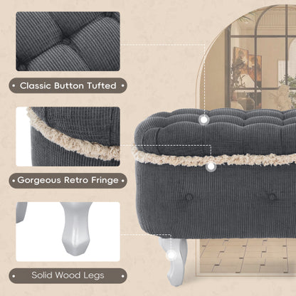 Grey Fringed Button Tufted Storage Ottoman Bench, 29.5 Inch End of Bed Shoe Stool for Bedroom Entryway
