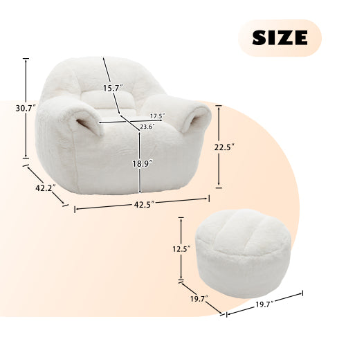 White Faux-Fur Bean Bag Sofa Chair with Back Support & Matching Footstool