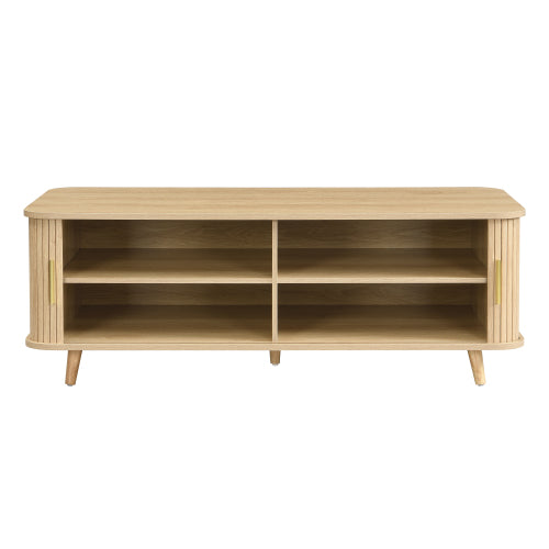 Mid-Century Natural Wood Coffee Table with Tambour Doors & 4 Open Storage Compartments