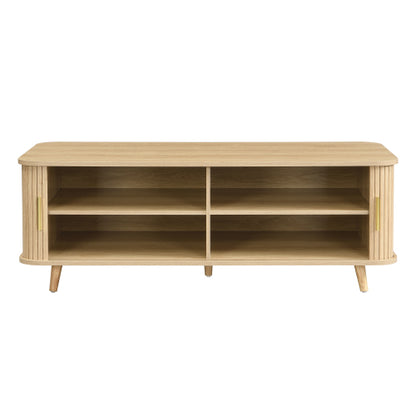 Mid-Century Natural Wood Coffee Table with Tambour Doors & 4 Open Storage Compartments