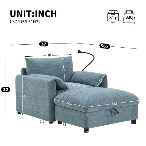 37 inch  Chenille Single Armchair, Storage Ottoman, USB-C Charger & Phone Holder