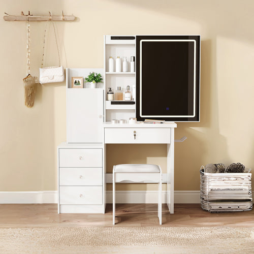White Vanity Desk Set with Sliding Lighted Mirror, 4 Drawers & 9 Storage Spaces, Hidden Compartments, Cushioned Stool