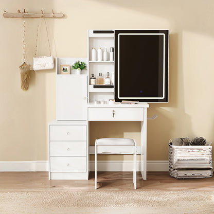 White Vanity Desk Set with Sliding Lighted Mirror, 4 Drawers & 9 Storage Spaces, Hidden Compartments, Cushioned Stool
