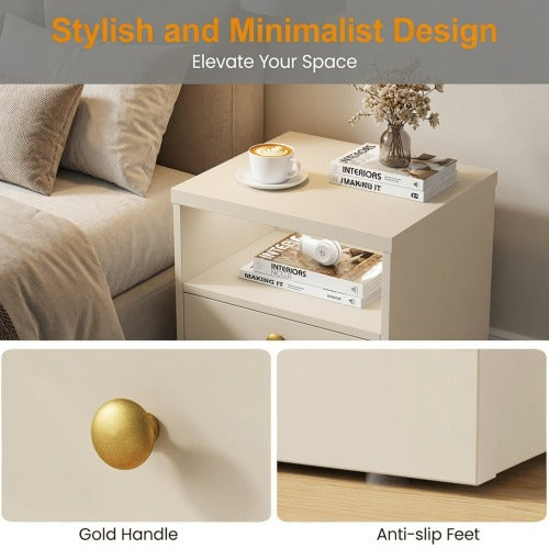 Beige Faux Drawer Nightstand with Door & Open Shelf