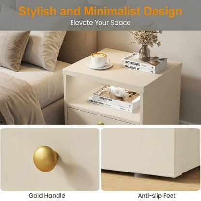 Beige Faux Drawer Nightstand with Door & Open Shelf