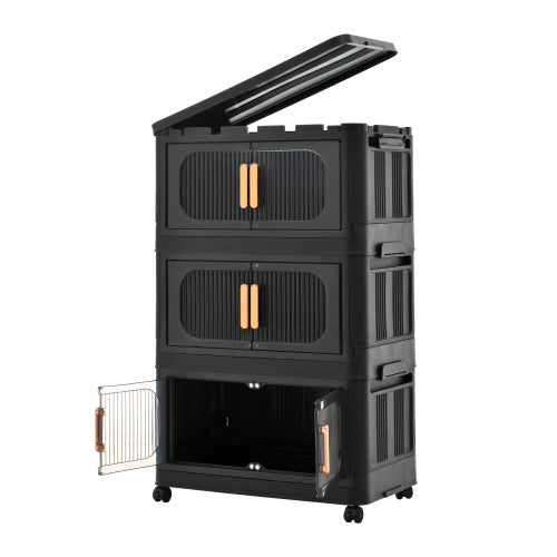 Black 3 Tier Folding Storage Cabinet with Wheels Collapsible Magnetic Door 20 Inch