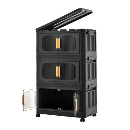 Black 3 Tier Folding Storage Cabinet with Wheels Collapsible Magnetic Door 20 Inch