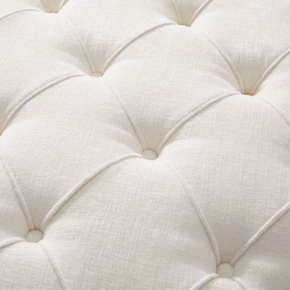 Beige Round Chenille Tufted Ottoman, 32 Inch Button Tuft Footrest with L-Shaped Rubberwood Legs, 250 LBS Capacity