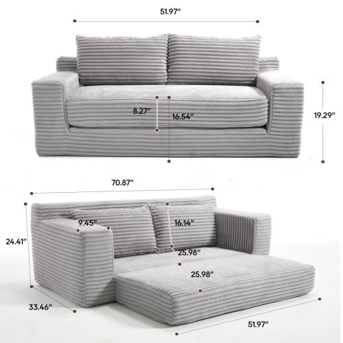 Grey Memory-Foam Compressed Corduroy Convertible Loveseat, No Assembly