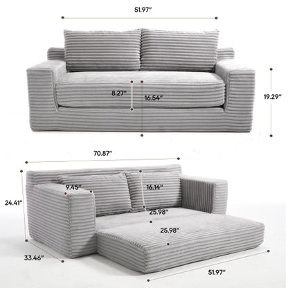 Grey Memory-Foam Compressed Corduroy Convertible Loveseat, No Assembly