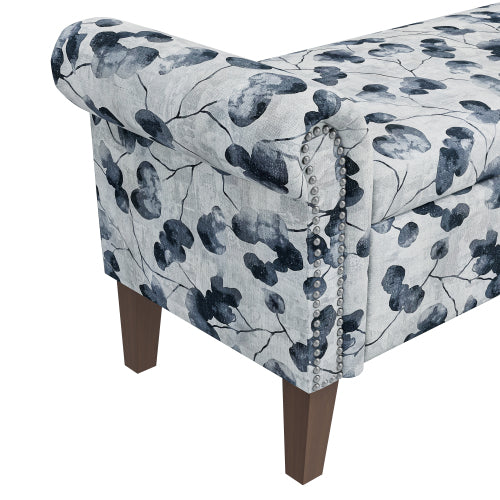 Traditional Rolled Arm Storage Bench Ottoman with Pewter Nailhead Trim in Black Floral with Dark Brown Solid Wood Legs