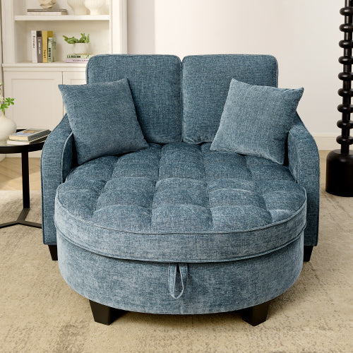 Blue 2-Seater Sofa Chaise, Irregular Armrest, Storage Footrest & 2 Pillows