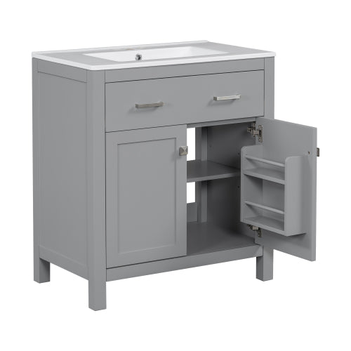 30" Bathroom Vanity with Ceramic Sink, Modern Gray Single Bathroom Cabinet with 2 Doors and a Shelf, Soft Close Doors