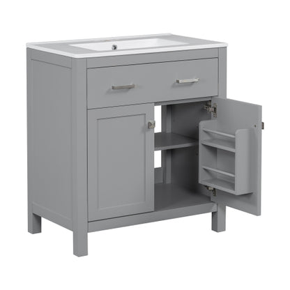 30" Bathroom Vanity with Ceramic Sink, Modern Gray Single Bathroom Cabinet with 2 Doors and a Shelf, Soft Close Doors