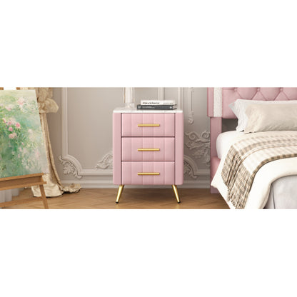 Upholstered Wooden Nightstand with 3 Drawers and Metal Legs&Handles, Bedside Table with Marbling Stickers Worktop - Pink