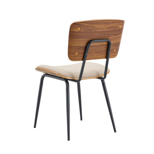 Mid-Century Faux Leather Dining Chairs Set of 2, Walnut Veneer Backrest & Metal Legs, White