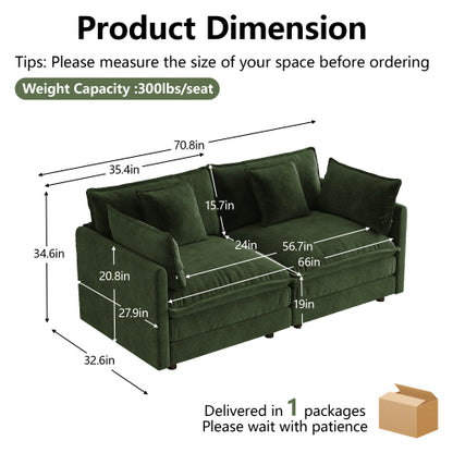 Green Chenille 2-Seat Deep-Seat Modular Sofa with Armrest & Toss Pillows for Living-Room Bedroom Club