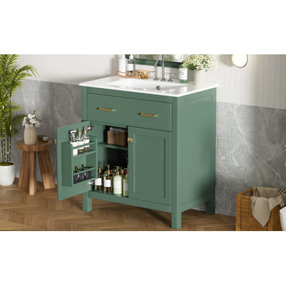 30-inch Bathroom Vanity with Ceramic Sink, Modern Green Single Bathroom Cabinet with 2 Doors and a Shelf, Soft Close Doors