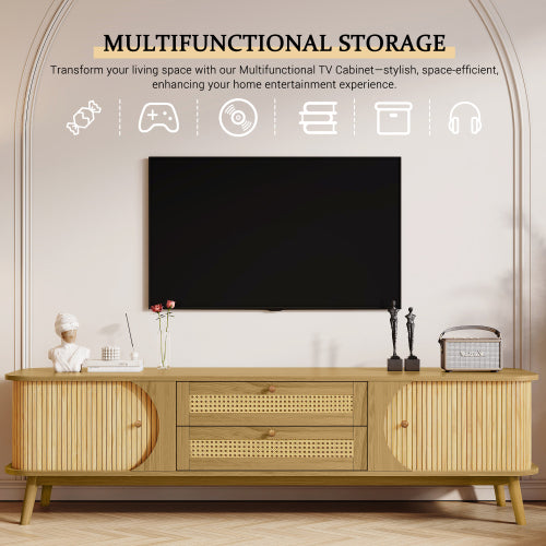 66.93 Inch Brown Farmhouse Rattan Sliding Door TV Stand Solid Wood Legs Fits 75 Inch TV
