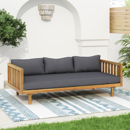 Acacia Wood Patio Furniture Set,Outdoor 3 Seater Daybed(with Water Resistant Thick Cushions)and Round Coffee Table, Dark Grey Cushion