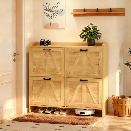 Light Oak Rustic Barn-Door Shoe Cabinet with 4 Flip Drawers, Sleek Space-Saving Entryway Organizer for Living Room