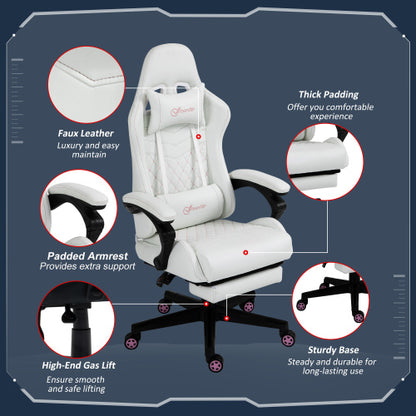 High Back PU Leather Gaming Chair, Racing Computer Chair with Swivel Wheels, Retractable Footrest, Headrest, Lumbar Support, and Armrest, White and Pink