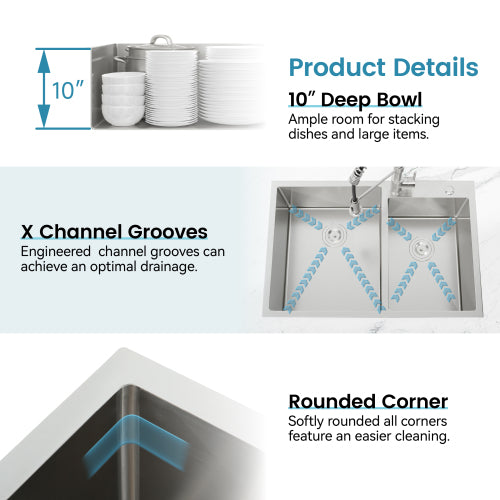 33"x19" Embedded Double Bowl Kitchen Sink, Overmount Handmade Sink in Brushed (Sink only)