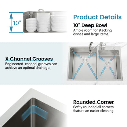 33"x19" Embedded Double Bowl Kitchen Sink, Overmount Handmade Sink in Brushed (Sink only)