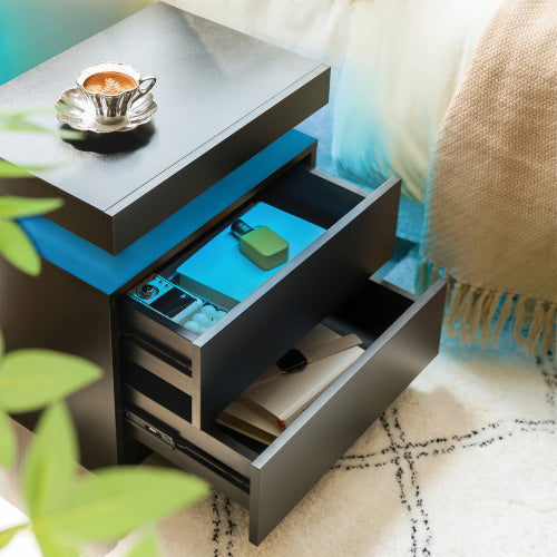 Set of 2 Black LED Nightstands with Drawers