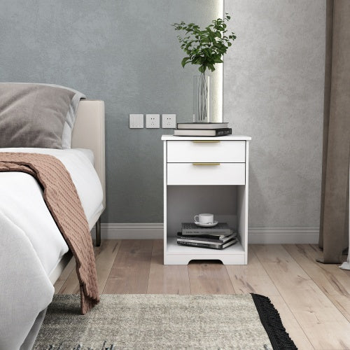 Nighstand With 2 Drawers,End Table,Nightstand with Open Space,Golden Handle,Morden Design,For Living Room,Bedroom,Easy Assemble,White