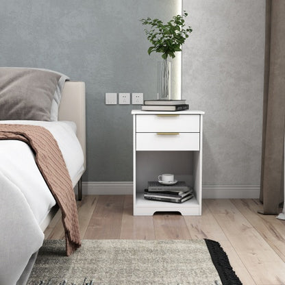 Nighstand With 2 Drawers,End Table,Nightstand with Open Space,Golden Handle,Morden Design,For Living Room,Bedroom,Easy Assemble,White