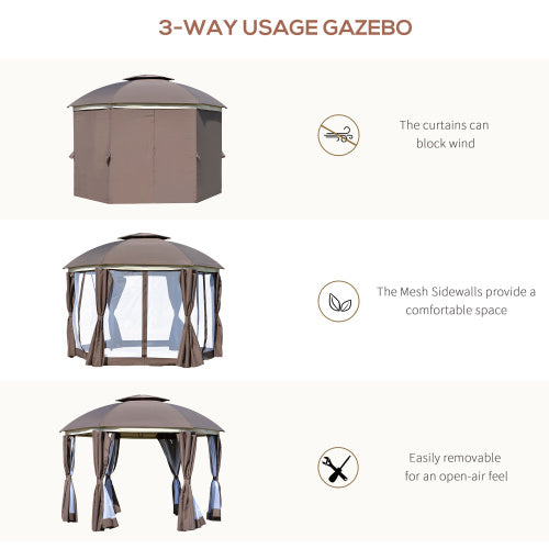 Outsunny 12' x 12' Round Outdoor Gazebo, Patio Dome Gazebo Canopy Shelter with Double Roof, Netting Sidewalls and Curtains, Zippered Doors, Strong Steel Frame, Brown