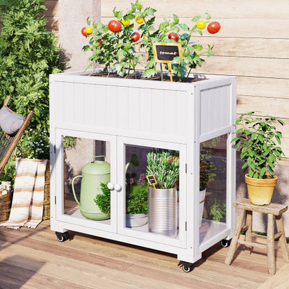 TOPMAX Patio 35.4inch x 17.7inch x 37.4inch Mini Wood Cold Frame Greenhouse with Wheels White