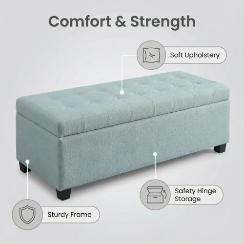 49.75 inch Baby Blue Polyester Tufted Storage Ottoman Bench, 300 LBS Wooden Leg Footrest with Safety Hinge