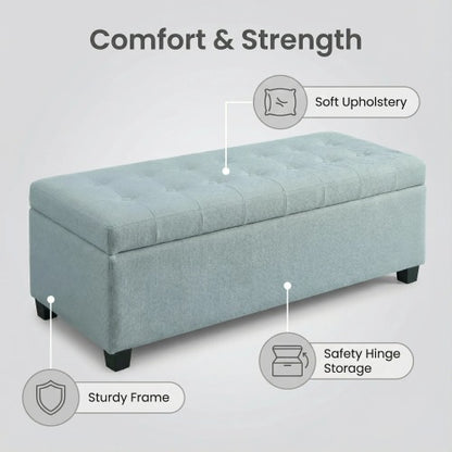 49.75 inch Baby Blue Polyester Tufted Storage Ottoman Bench, 300 LBS Wooden Leg Footrest with Safety Hinge