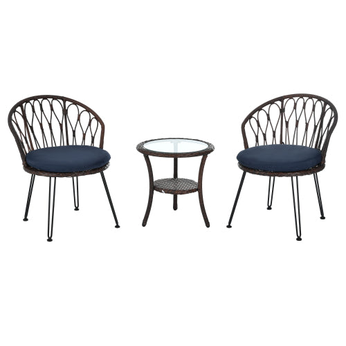 U_STYLE Outdoor Leisure Set, 2 Rattan Single Chairs with A Glass Round Table, Perfectly Suited for Patios, Balconies, and Courtyards