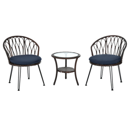 U_STYLE Outdoor Leisure Set, 2 Rattan Single Chairs with A Glass Round Table, Perfectly Suited for Patios, Balconies, and Courtyards